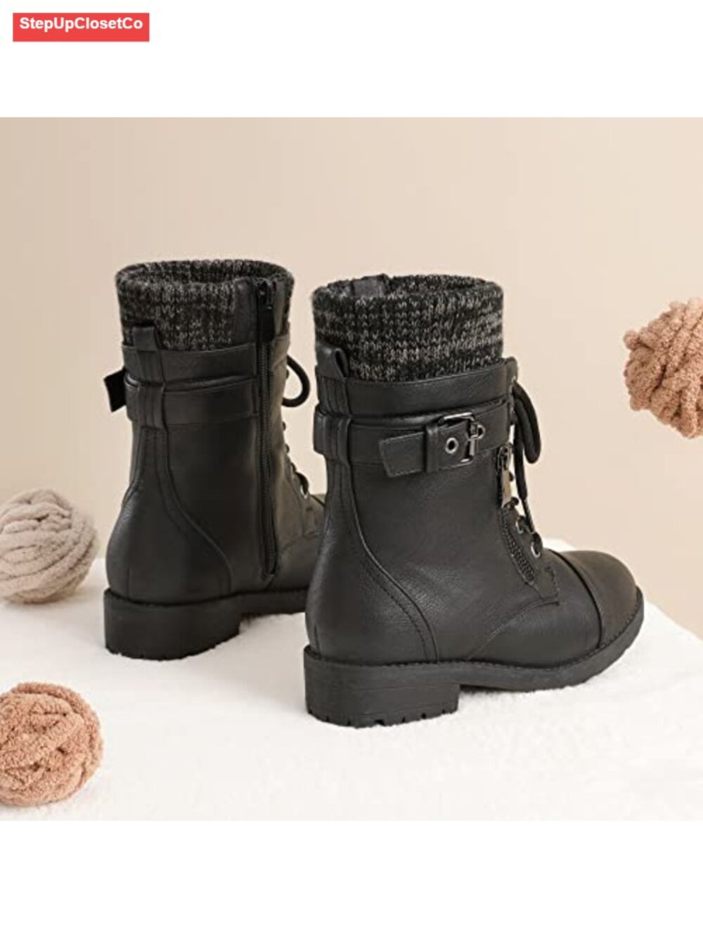 Kids Combat Lace Up Mid Calf Boots Faux Leather Zip - Picture 2 of 5
